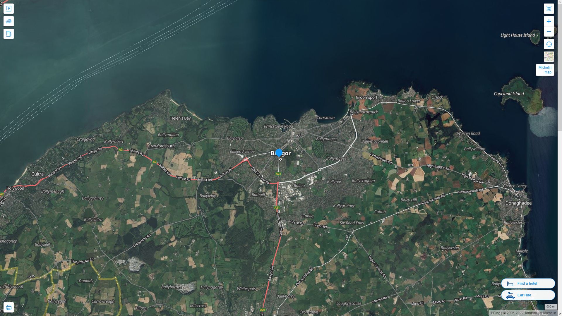 Bangor Royaume Uni Autoroute et carte routiere avec vue satellite